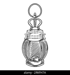 Arabic lined lanterns. Ramadan celebration vintage engraved illustration, hand drawn design. Traditional hanging lamps with arabian decoration for Mus Stock Vector