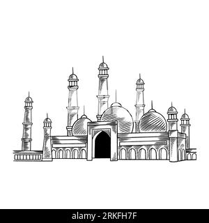 La bella moschea. Ramadan, le preghiere si inginocchiano, modello di biglietto d'auguri di Eid Mubarak. Illustrazione vettoriale disegnata a mano isolata sul retro bianco Illustrazione Vettoriale