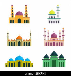 Serie vettoriale della moschea islamica. Ramadan Kareem, felice Eid Mubarak. Icone disegnate a mano con elementi di design piatti e colorati. Illustrazione di stile lineare moderno Illustrazione Vettoriale