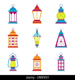 Set of traditional lanterns and oriental decoration of islamic culture. Ramadan Kareem, Happy Eid Mubarak. Muslim holiday celebration. Vector illustra Stock Vector