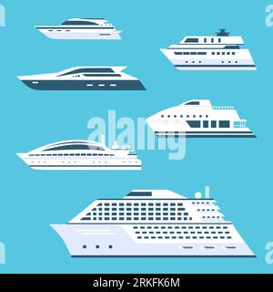 Big set of cruise ship flat vector icons. Beautiful elite, luxury ship at sea. Illustration collection of ocean transport yacht in cartoon style isola Stock Vector
