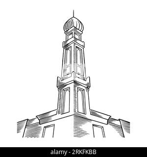 Disegno a mano dell'edificio della torre della moschea con design islamico isolato su sfondo bianco. Ramadhan Kareem, mese benedetto islamico. Happ Illustrazione Vettoriale