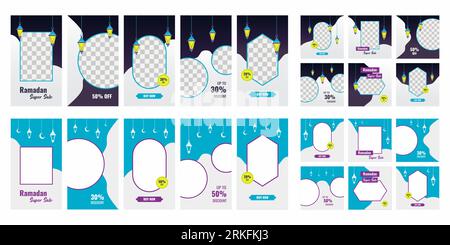 Un pacchetto di modelli di post sui social media modificabili per la stagione Ramadan e Eid. Felice Eid Mubarak. Banner islamico per la vendita di social media per il marketing digitale Illustrazione Vettoriale