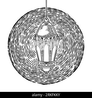 Lampada a kerosene vintage disegnata a mano. Design islamico con vecchia lanterna sospesa in stile retrò isolata su sfondo bianco. Ramadan Kareem, tema Eid Mubarak. VECTO Illustrazione Vettoriale