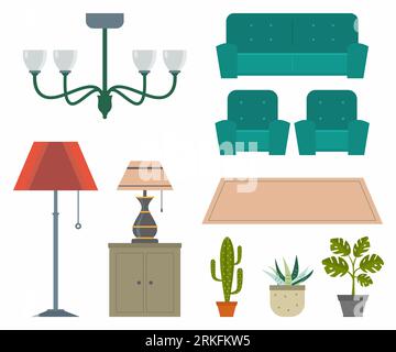 Set di icone degli interni. Arredamenti alla moda con diversi modelli di lampada, divano, tappeto, cactus e foglia monstera. Mobili ed elementi per Illustrazione Vettoriale