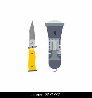 Icone delle attrezzature da campeggio con torcia elettrica e coltello. Attività escursionistiche estive a tema isolate su sfondo bianco. Zaino da campeggio e strumento di sopravvivenza per i turisti Illustrazione Vettoriale
