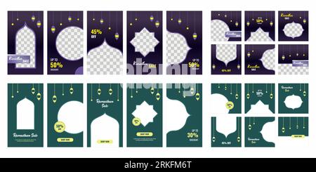 Set of Ramadan Kareem for sale social media post template banner design with ornament star, moon, mosque, and lantern background. Ramadan and Eid seas Illustrazione Vettoriale