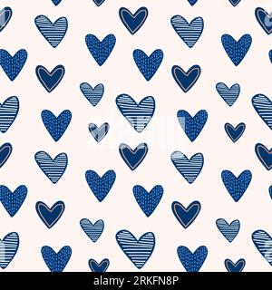 Set di elementi carini per San Valentino. Simpatici cartoni animati blu cuori ripetuti disegnati a mano su sfondo bianco. Stampa infantile per carte, adesivi, abbigliamento e. Illustrazione Vettoriale