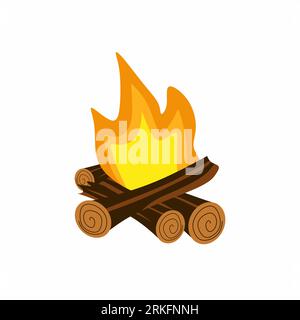 Vector illustration of burning bonfire with wood isolated on white background in cartoon flat style. Burning campfire at night for camper lighting. Ni Stock Vector