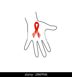 La mano umana con il nastro rosso aiuta a disegnare una linea continua. Sostenere la speranza per la cura e fermare il concetto di AIDS. Giornata mondiale dell'AIDS, 1° dicembre. Distintivo di beneficenza Illustrazione Vettoriale