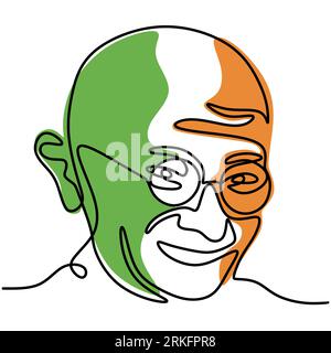 Un disegno continuo del Mahatma Gandhi della figura indiana per il movimento indipendentista. Tema India Republic Day isolato su sfondo bianco in Illustrazione Vettoriale