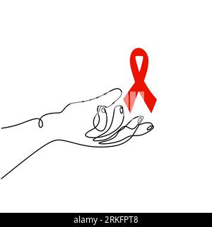 La mano umana con il nastro rosso aiuta a disegnare una linea continua. Sostenere la speranza per la cura e fermare il concetto di AIDS. Giornata mondiale dell'AIDS, 1° dicembre. Distintivo di beneficenza Illustrazione Vettoriale