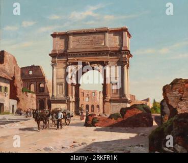 Prospettiva da Roma. Arco di Tito con il Colosseo sullo sfondo. 1888 di August Fischer Foto Stock