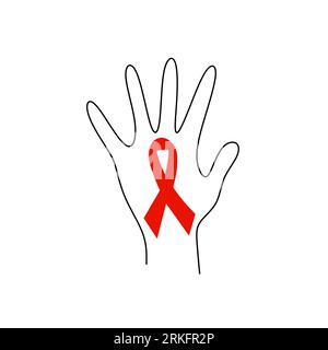 La mano umana con il nastro rosso aiuta a disegnare una linea continua. Sostenere la speranza per la cura e fermare il concetto di AIDS. Giornata mondiale dell'AIDS, 1° dicembre. Distintivo di beneficenza Illustrazione Vettoriale