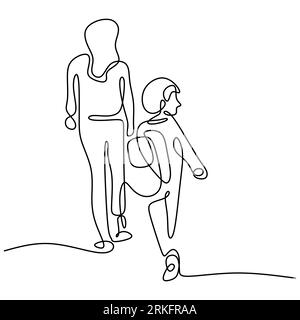 One continuous line drawing of young mother takes his son to go to school. Happy little boy walking with his mom to school. Loving parenting family co Stock Vector