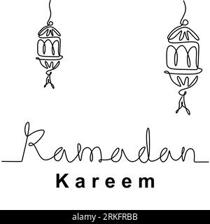 Un disegno a linea singola di ornamenti con lampade a lanterna islamiche. Lettere scritte a mano Ramadan Kareem isolate su sfondo bianco. EID Illustrazione Vettoriale