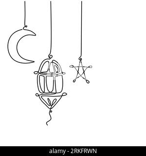 Lanterna, mezza luna e stella. Tema Ramadan Kareem minimale una linea continua disegnata su sfondo bianco. Linea singola dell'auto di benvenuto Eid Mubarak Illustrazione Vettoriale