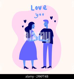 Romantici incontri di coppia, icone piatte dei cartoni animati. Tenersi in piedi giovani uomini e donne innamorati, tenendosi per mano l'un l'altro. Il concetto di San Valentino. Design piatto V Illustrazione Vettoriale