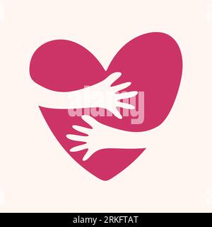 Vector human's hand holding pink heart, love sign flat icon. Romantic theme for Valentine's day greeting card. Unconditionally love. Hand drawn style Stock Vector