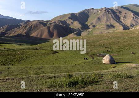 A Yurt camp and animals on the green pastures close to the Song-Kul Lake in Kyrgyzstan. Stock Photo