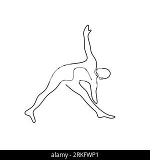 Disegno lineare continuo o disegno di una linea di una donna che fa la posa del triangolo yoga isolato o sfondo bianco. In piedi su una gamba. Concep. Stile di vita sano Illustrazione Vettoriale