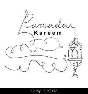 Hanging vintage traditional lantern lamp one continuous line drawing. Ramadan Kareem greeting card, poster and banner design background. Islamic symbo Stock Vector