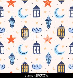 Set di sfondo islamico, adatto per ramadan o Eid al fitr con lanterna tradizionale, stella, mezza luna, moschea e nuvole. Vettore infantile ripetuto Illustrazione Vettoriale