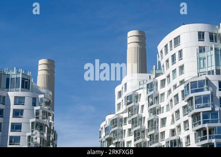 Posizione del potenziale cliente con i camini della centrale elettrica di Battersea in background. Il Prospect Place, progettato da Gehry Partners, fa parte di un rosso più grande Foto Stock