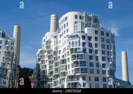 Posizione del potenziale cliente con i camini della centrale elettrica di Battersea in background. Il Prospect Place, progettato da Gehry Partners, fa parte di un rosso più grande Foto Stock