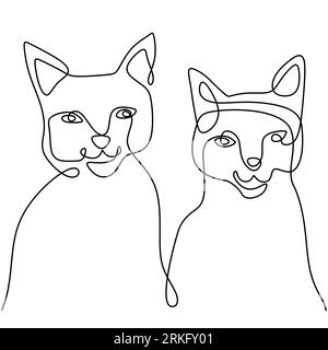 Continuous one line drawing of two happy cat funny faces. A kitten couple is sitting isolated on white background. Doodle animals icons minimalistic l Stock Vector