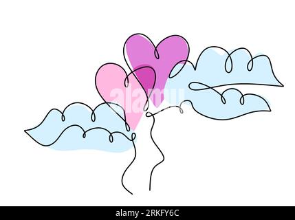 Un disegno continuo di due palloncini a forma di cuore nell'aria. Romantiche cartoline d'invito per matrimoni isolate su sfondo bianco. Felice Valen Illustrazione Vettoriale