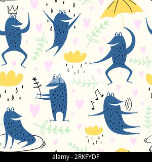 Carine rane dei cartoni animati. Set vettoriale animale di disegno del rospo anfibio, illustrazione della collezione di rane verdi. Rane, pioggia, fiori e cielo. Adorabili animali a S. Illustrazione Vettoriale