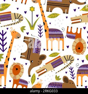 Simpatici animali della giungla con fiori, foglie di palma, piante con sfondo senza cuciture. Animali tropicali. Perfetto per decorativi, prodotti per bambini, moda, tessuti Illustrazione Vettoriale