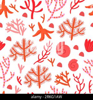 Cute vector seamless pattern with red corals on white background. Coral reef, shells, star fish. Vector illustration Illustrazione Vettoriale
