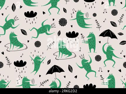 Motivo senza cuciture disegnato a mano di rane, nebbia nuvolosa, nuvola piovosa e ombrello nero con stile da disegno infantile. Sfondo senza cuciture per tessuti, tessuti Illustrazione Vettoriale