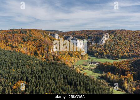 Vista dalla roccia Knopfmacherfelsen nella valle autunnale dell'alto Danubio, sullo sfondo il Castello di Bronnen su una roccia, il Parco naturale dell'alto Danubio, Germania Foto Stock