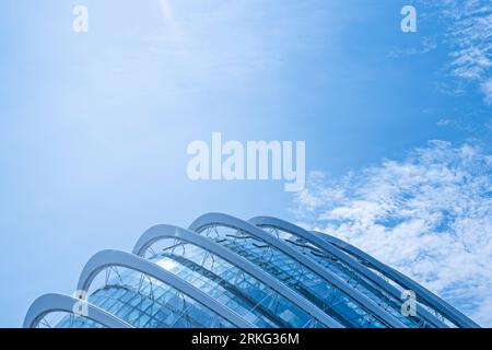 Rivestimento metallizzato in acciaio curve geometrico grigio su un edificio moderno generico con cielo blu Foto Stock