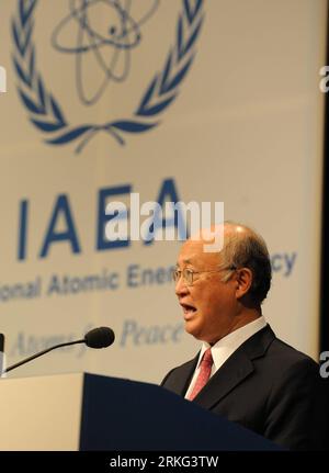 Bildnummer: 55542336  Datum: 24.06.2011  Copyright: imago/Xinhua (110624) -- VIENNA, June 24, 2011 (Xinhua) -- The International Atomic Energy Agency Director-General Yukiya Amano addresses the IAEA Ministerial Conference on Nuclear Safety in Vienna, Austria, on June 24, 2011. The IAEA-organised conference was concluded on Friday, with its member states highlighting the need to strengthen the agency s role in nuclear safety issues. (Xinhua/Xu Liang) (zx) AUSTRIA-VIENNA-IAEA-MINISTERIAL CONFERENCE-CONCLUSION PUBLICATIONxNOTxINxCHN People Wirtschaft Politik IAEA IAEO Atomenergiebehörde Atomenerg Stock Photo