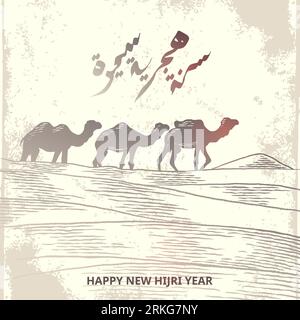 Happy new Hijri Year greeting card with herd of camels. Hand drawn sketch elegant design. Illustrazione Vettoriale