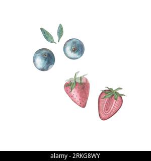 Acquerello con fragole, mirtilli e foglie verdi su sfondo bianco in stile vintage. Illustrazione acquerello. Modello per Foto Stock