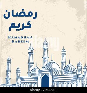 Ramadan Kareem greeting card with blue big mosque sketch. Arabic calligraphy means 'Holly Ramadan'. Isolated on white background. Stock Vector