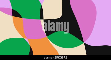 Colorata arte moderna semplice sfondo astratto. Modello per striscioni retrò in stile groovy. Forme geometriche liquide disegnate a mano Illustrazione Vettoriale