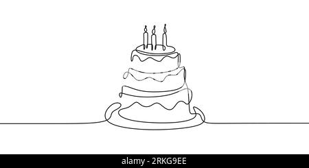 Disegno a linee continuo. Torta di compleanno con tre candele. Simbolo di celebrazione isolato su sfondo bianco. Illustrazione Vettoriale