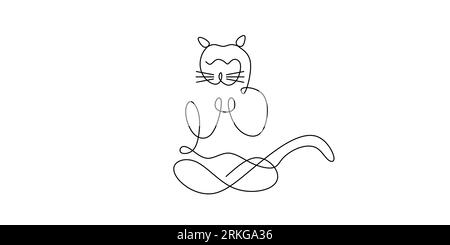 Disegno continuo a una linea del gatto seduto che fa yoga isolato su sfondo bianco. Silhouette a una linea di gatto selvaggio. Stile minimalista disegnato a mano Illustrazione Vettoriale