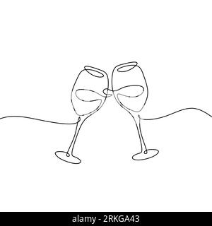 Disegno continuo a una linea di due bicchieri da vino che incoraggiano i momenti di celebrazione isolati su sfondo bianco. Illustrazione Vettoriale