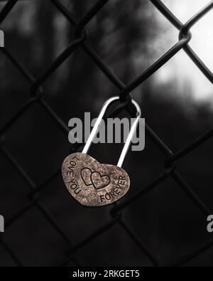 A padlock with a heart-shaped design, locked and secured with a wire fence Stock Photo