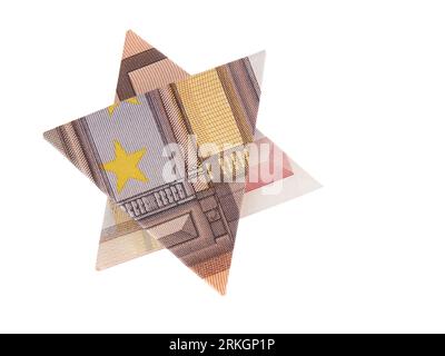 A closeup of a star of a fifty euro bill folded on a white background Foto Stock