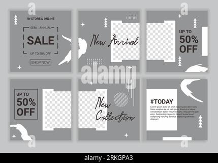 Banner Web moderno per app mobili per social media, design puzzle in colori pastello grigi. Modelli modificabili per il nuovo prodotto in arrivo. Super grande vendita. VECTO Illustrazione Vettoriale