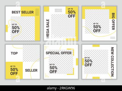 Set collection of square banner template. White and yellow background color with stripe line shape. Fashion sale. Promotional web banner for social me Stock Vector