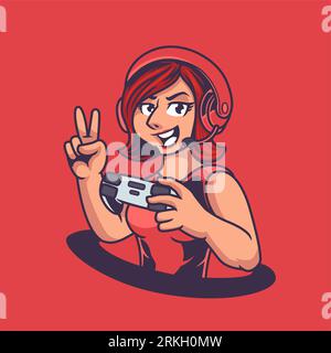 Gamer girl mascot gaming e-sport logo template. Beautiful ladies character with headphone and holding joystick isolated on red background. Sport illus Stock Vector